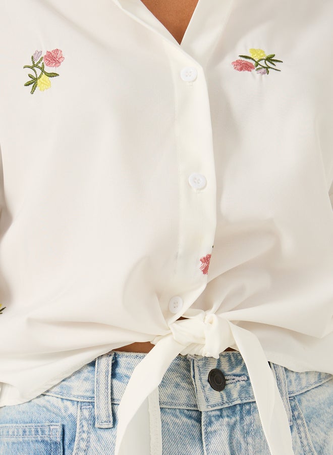 Styli Floral Embroidered 3/4 Sleeve Tie Front Regular Fit Shirt - Image 4