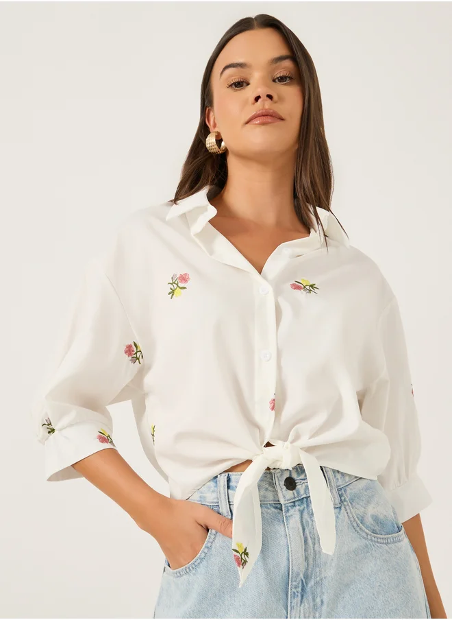 ستايلي Floral Embroidered 3/4 Sleeve Tie Front Regular Fit Shirt