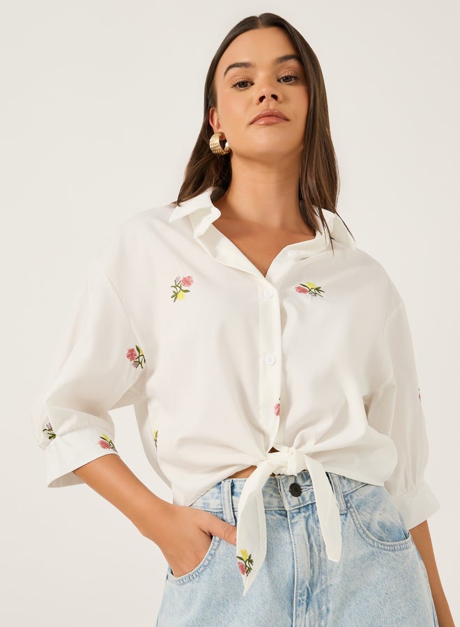 Styli Floral Embroidered 3/4 Sleeve Tie Front Regular Fit Shirt - Image 1