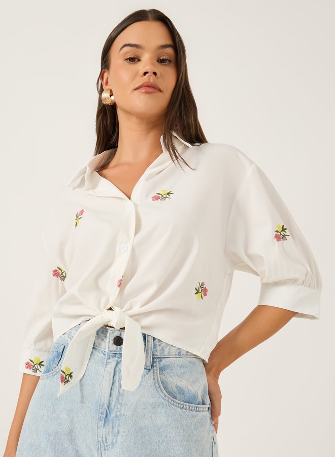Styli Floral Embroidered 3/4 Sleeve Tie Front Regular Fit Shirt - Image 3