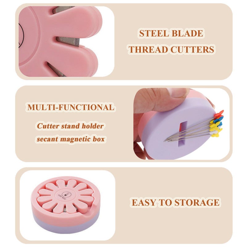 Yushen Thread Cutter Tool for Sewing, Flower Thread Cutting with Stand Quilting Supplies for Sewing Tools Magnetic Pins Holder Chain Piecing Blade Not Removable (Pink Case) - Image 4