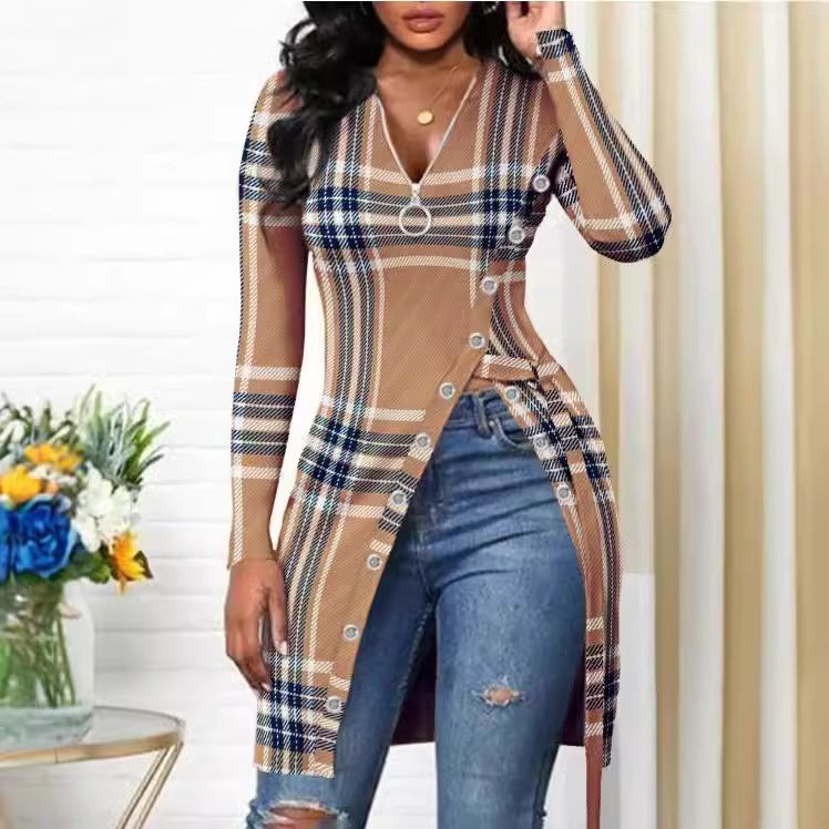 Independent Station Fall/Winter 2021 Europe And America V-Neck Long Sleeve High Split Printed T-Shirt - Image 3