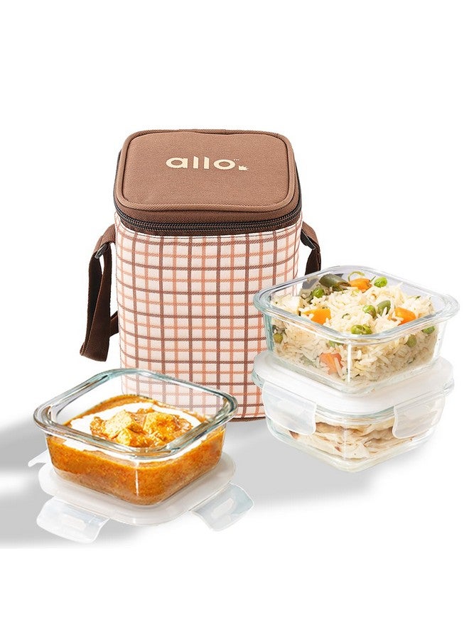Allo Allo Food Safe Borosilicate Glass Lunch Box, 450C Microwave Safe Lunch Box, Borosilicate Borosilicate Glass Tiffin for Office with Cocoa Brown Tiffin Bag, Set of 3, 320ml x 3, Square  - Image 1