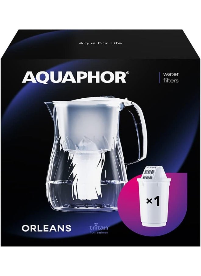 Water Filter Jug Orleans with 1x A5 350 litre Cartridge with enriched Magnesium, Reduces Chlorine and limescale, White 4.2 litres total capacity