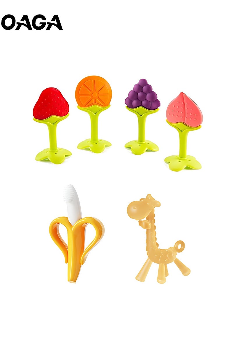 أوجا 6 قطع من ألعاب التسنين للأطفال، أشكال الفواكه والزرافة، مصاصات أطفال خالية من مادة BPA، مناسبة للبنين والبنات - Image 1