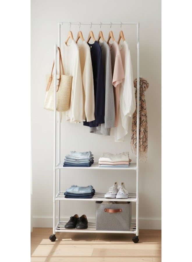 سبيس شوب رف ملابس معدني كبير 4 طبقات بعجلات، أبيض - Image 2