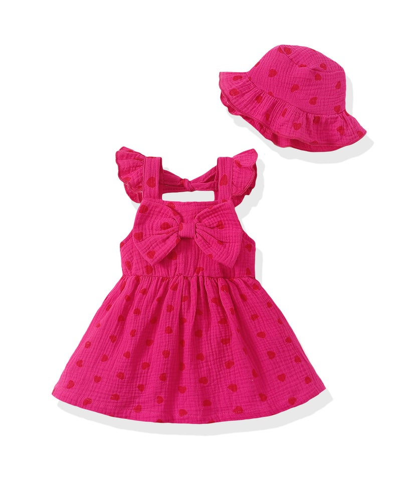 Renotemy Infant Baby Girl Dresses Summer Cotton Linen Outfits Boho Beach Birthday Party Shower Dress Gifts Smocked Casual Sundress with Sun Hat 6-9 Months 12 Months Girls Clothes Rose Red - Image 1
