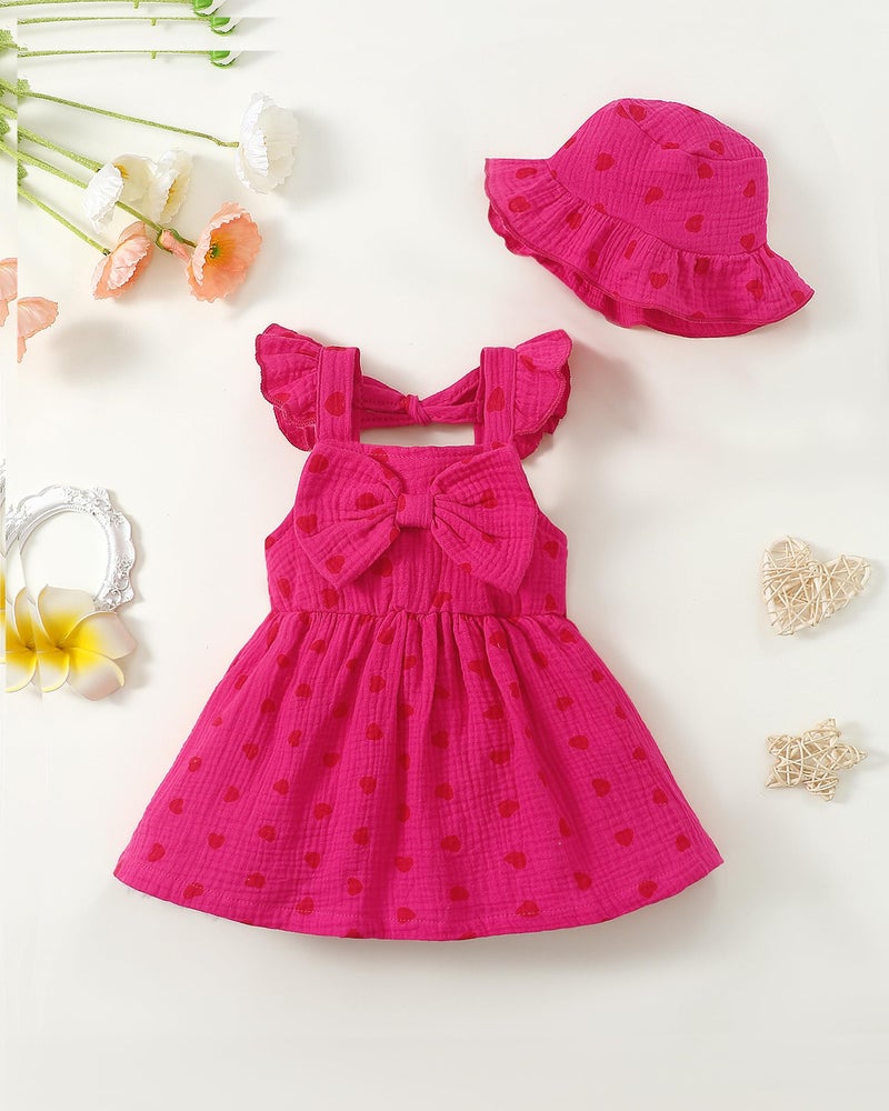 Renotemy Infant Baby Girl Dresses Summer Cotton Linen Outfits Boho Beach Birthday Party Shower Dress Gifts Smocked Casual Sundress with Sun Hat 6-9 Months 12 Months Girls Clothes Rose Red - Image 2