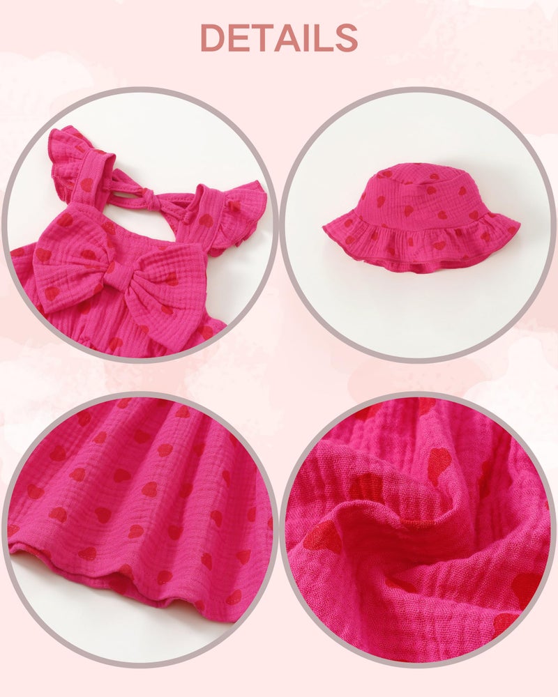Renotemy Infant Baby Girl Dresses Summer Cotton Linen Outfits Boho Beach Birthday Party Shower Dress Gifts Smocked Casual Sundress with Sun Hat 6-9 Months 12 Months Girls Clothes Rose Red - Image 4