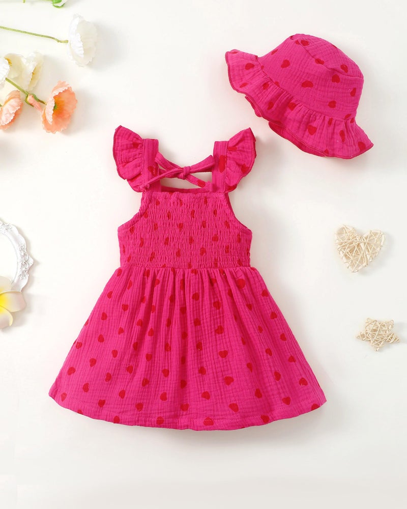 Renotemy Infant Baby Girl Dresses Summer Cotton Linen Outfits Boho Beach Birthday Party Shower Dress Gifts Smocked Casual Sundress with Sun Hat 6-9 Months 12 Months Girls Clothes Rose Red - Image 3