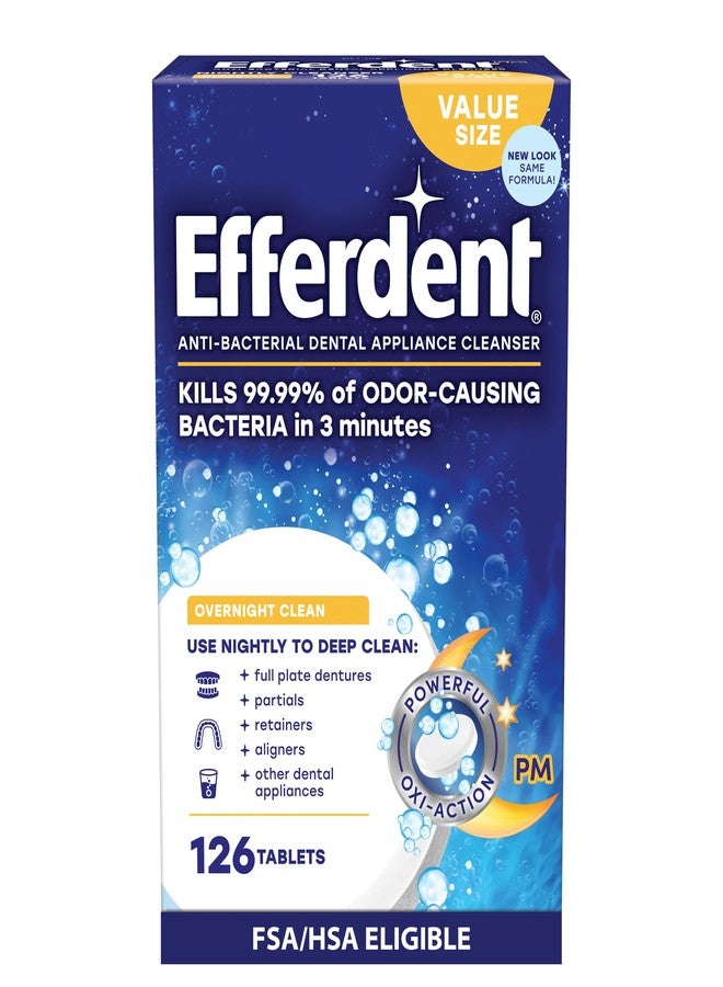 Efferdent Retainer Cleaning Tablets, Denture Cleaning Tablets for Dental Appliances, Overnight Whitening, 126 Count - Image 1
