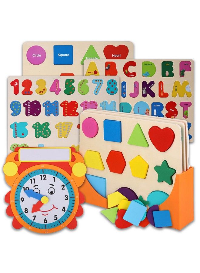 Asher and Olivia Wooden Puzzles For Toddlers And Rack Set (3 Pack) Bundle With Storage Holder Rack And Learning Clock 3 In 1 Kids Educational Preschool Peg Puzzles Alphabet Letters Numbers And Shapes - Image 1