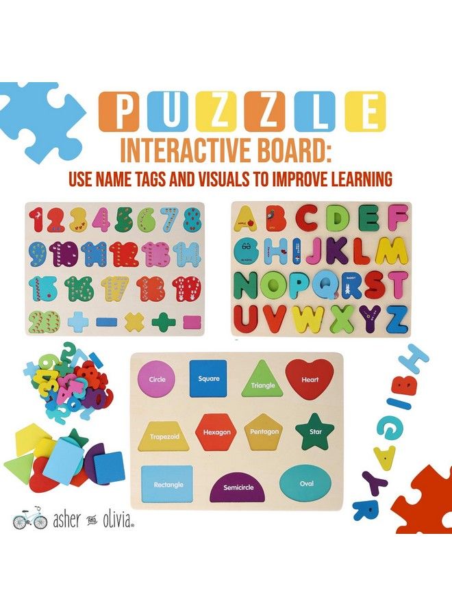 Asher and Olivia Wooden Puzzles For Toddlers And Rack Set (3 Pack) Bundle With Storage Holder Rack And Learning Clock 3 In 1 Kids Educational Preschool Peg Puzzles Alphabet Letters Numbers And Shapes - Image 5