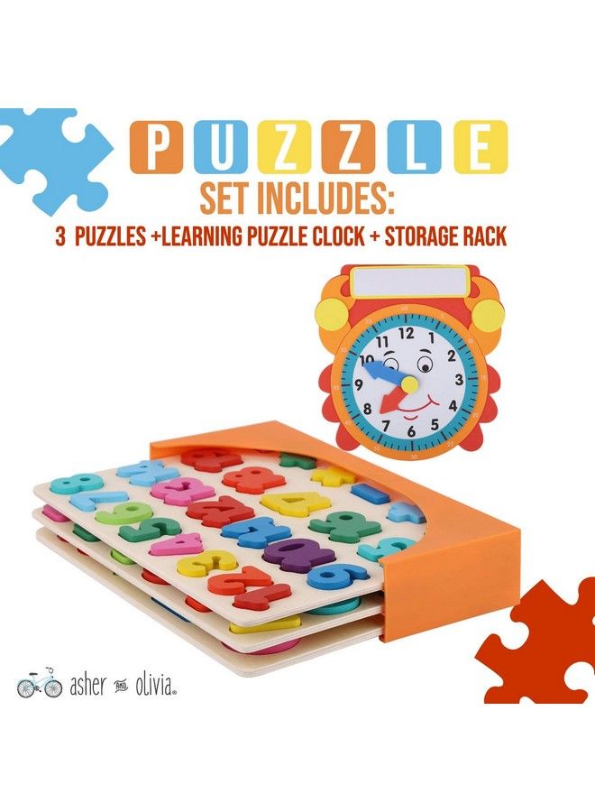 Asher and Olivia Wooden Puzzles For Toddlers And Rack Set (3 Pack) Bundle With Storage Holder Rack And Learning Clock 3 In 1 Kids Educational Preschool Peg Puzzles Alphabet Letters Numbers And Shapes - Image 3