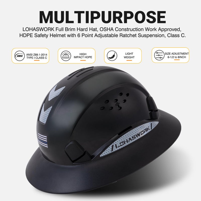 LOHASWORK Full Brim Hard Hat Construction OSHA Approved Vented Hard Hat Cascos De Construccion Adjustable Cool Vent Work Safety Helmet for Men and Women - Image 2