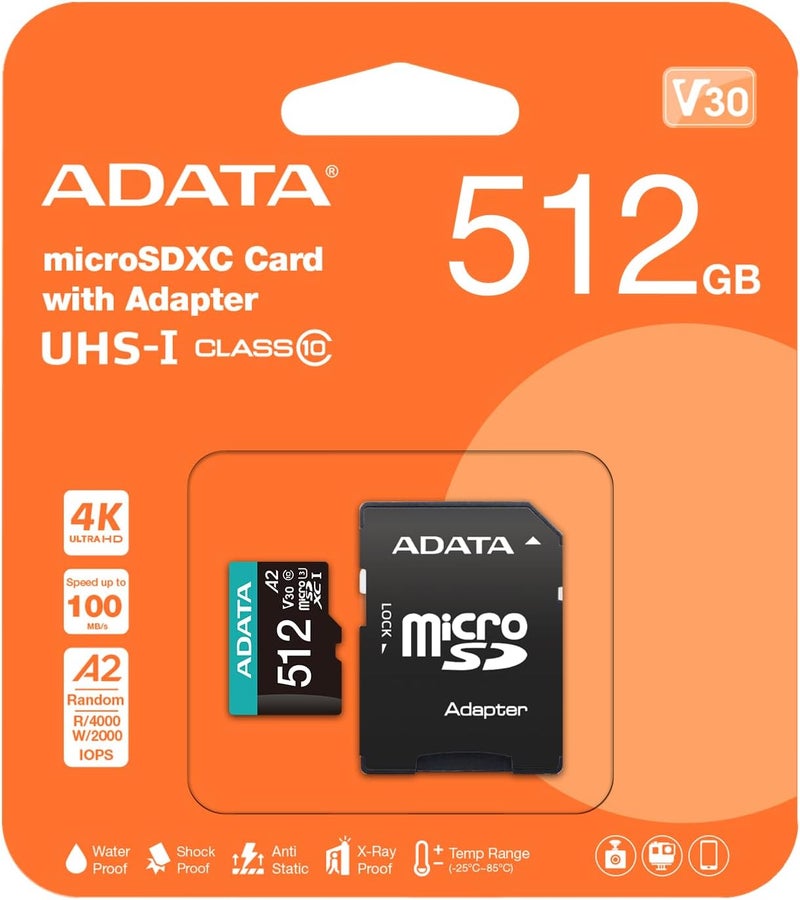 ADATA ADATA Premier Pro 512GB MicroSDXCSDHC UHSI U3 Class 10 V30S A2 Memory Card with SD Adapter  Waterproof Shockproof Xray Proof Magnet Proof and Temperature Resistant - Image 2