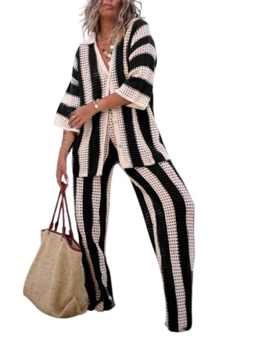 NIFTRIRY Women Cover Up Sets Button Up Tops with Pants Crochet Set Outfit 2 Piece Outfits Vacation Outfits - Image 4