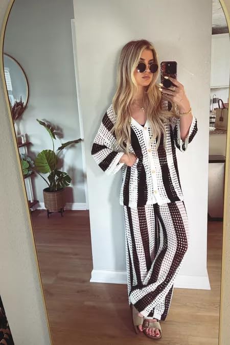NIFTRIRY Women Cover Up Sets Button Up Tops with Pants Crochet Set Outfit 2 Piece Outfits Vacation Outfits - Image 3