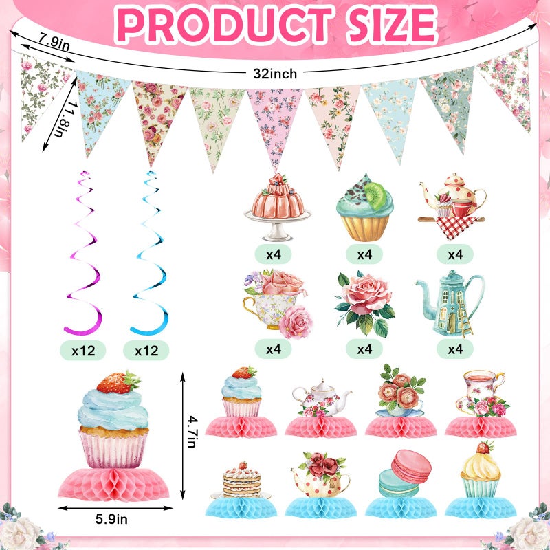 Skybooly 257 Pcs Tea Party Supplies Decoration Include Disposable Floral Paper Plate Napkin Teacup Saucer Set Cupcake Stand Centerpiece Bunting Banner Hanging Decoration for Teapot Party (Pink) - Image 2