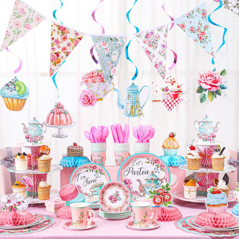 Skybooly 257 Pcs Tea Party Supplies Decoration Include Disposable Floral Paper Plate Napkin Teacup Saucer Set Cupcake Stand Centerpiece Bunting Banner Hanging Decoration for Teapot Party (Pink) - Image 4