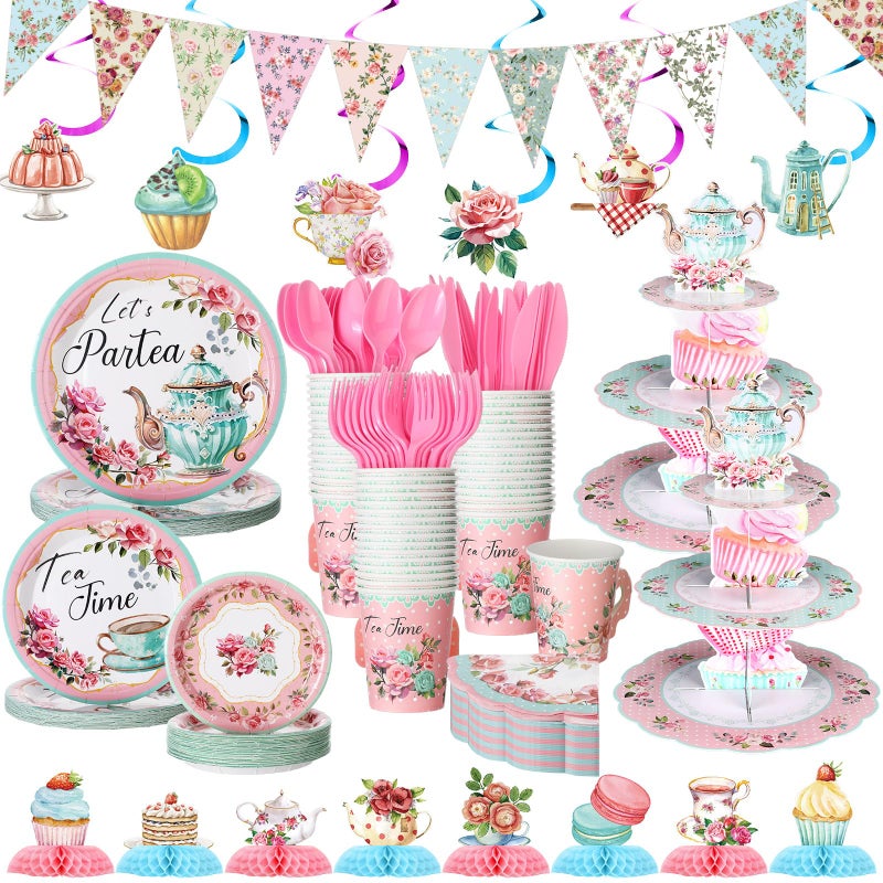 Skybooly 257 Pcs Tea Party Supplies Decoration Include Disposable Floral Paper Plate Napkin Teacup Saucer Set Cupcake Stand Centerpiece Bunting Banner Hanging Decoration for Teapot Party (Pink) - Image 1