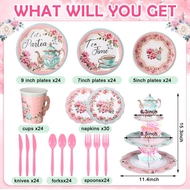 Skybooly 257 Pcs Tea Party Supplies Decoration Include Disposable Floral Paper Plate Napkin Teacup Saucer Set Cupcake Stand Centerpiece Bunting Banner Hanging Decoration for Teapot Party (Pink) - Image 3