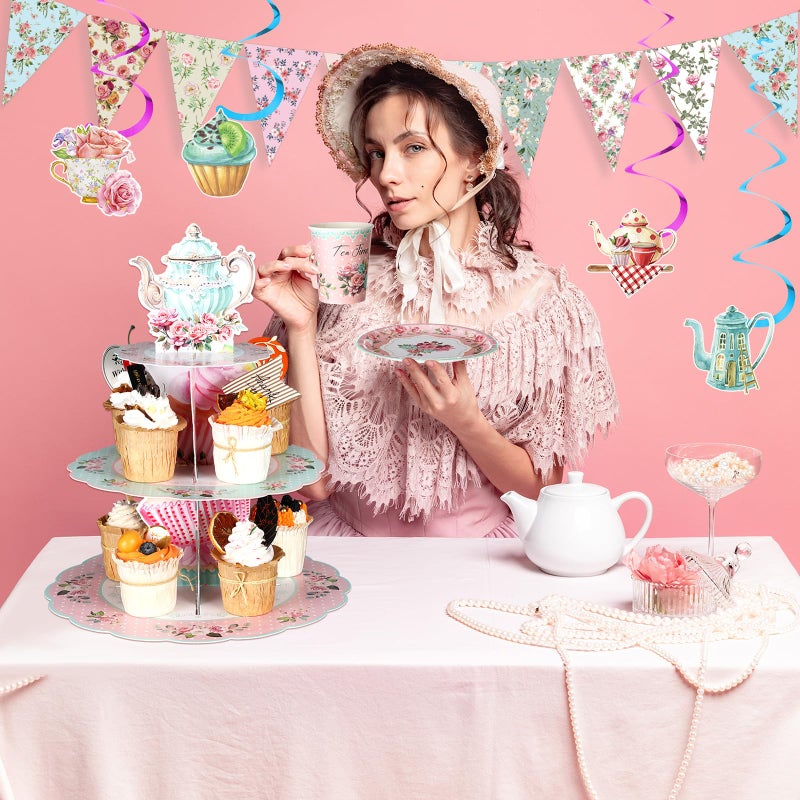 Skybooly 257 Pcs Tea Party Supplies Decoration Include Disposable Floral Paper Plate Napkin Teacup Saucer Set Cupcake Stand Centerpiece Bunting Banner Hanging Decoration for Teapot Party (Pink) - Image 5
