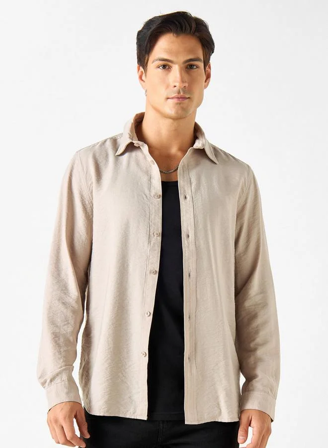Regular Fit Textured Shirt with Button Closure and Long Sleeves