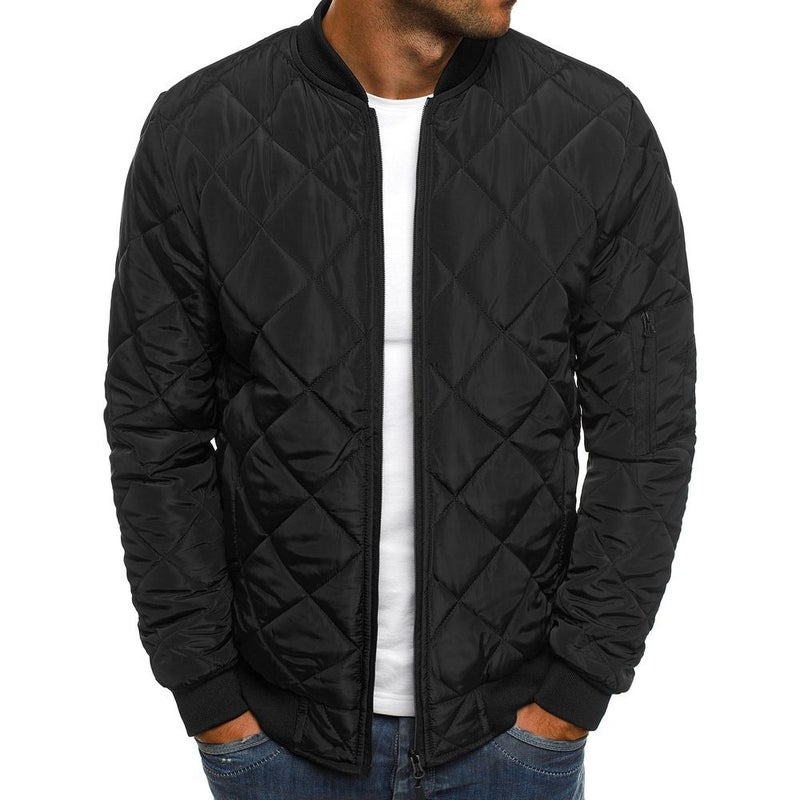 Mens Solid Color Jacket with Quilted Stitching, Thickened Stand Collar Cotton Coat for Winter Warmth, European Size Black - Image 1