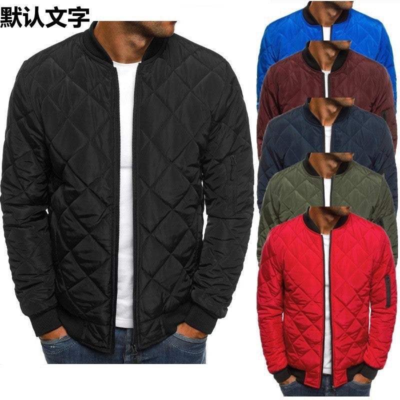 Mens Solid Color Jacket with Quilted Stitching, Thickened Stand Collar Cotton Coat for Winter Warmth, European Size Black - Image 3