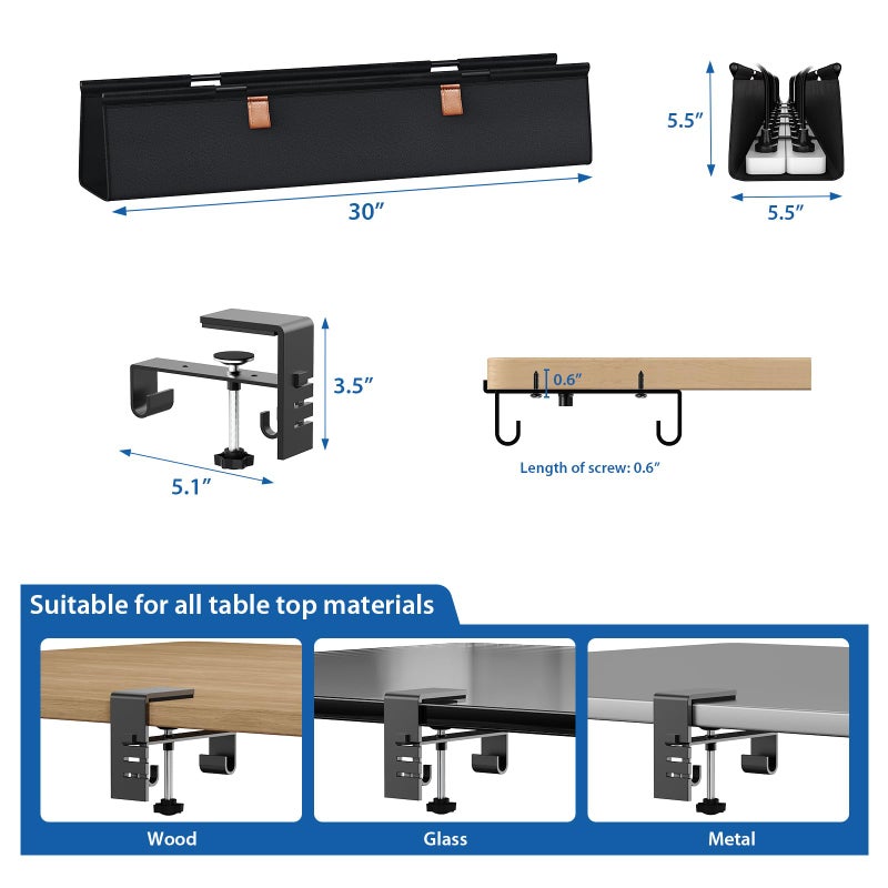 Zilink No Drill Under Desk Cable Management Tray 30" Cord Organizer for Table Clamp/Screw Mount Desk Cable Management Sturdy Waterproof Fabric Cord Hiders for Office, Home - Image 4