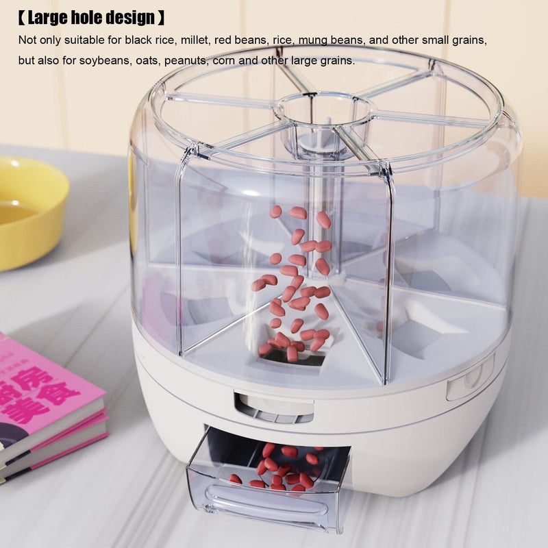 XIYAO 20Lbs large Grain dispenser 360°Rotating Rice Food Dispenser 6 Grids rice container rotatable Beans Containers Storage with Sealed lid for Peanut Barley Millet and Cereal - Image 4