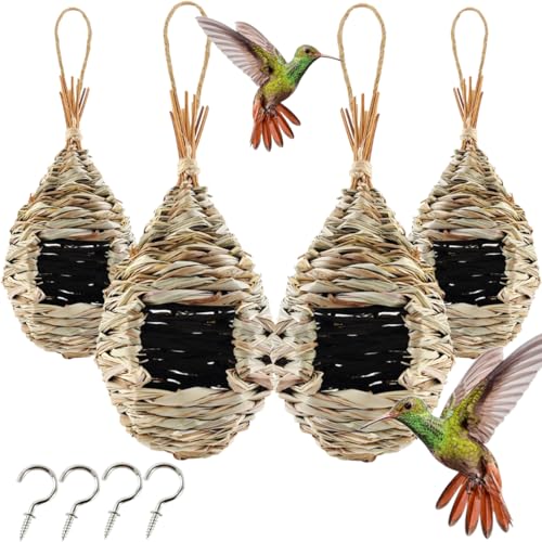TIHOOD 4PCS 92 x 4 Inches Hand Woven Hummingbird HouseBird Hut and Hummingbird Houses Nest Small Hanging Bird Chickadee House for Finch Canary in Outdoor - Image 1