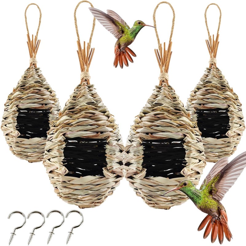 TIHOOD 4PCS 92 x 4 Inches Hand Woven Hummingbird HouseBird Hut and Hummingbird Houses Nest Small Hanging Bird Chickadee House for Finch Canary in Outdoor - Image 2