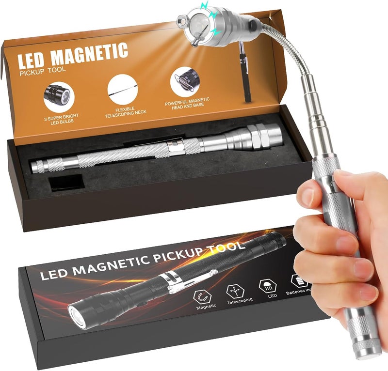 KUCHEY Magnetic Flashlight Pickup Tool Dad Gifts Cool Magnet Telescoping Gadgets with LED Gifts for Mens Husband Him Silver - Image 1