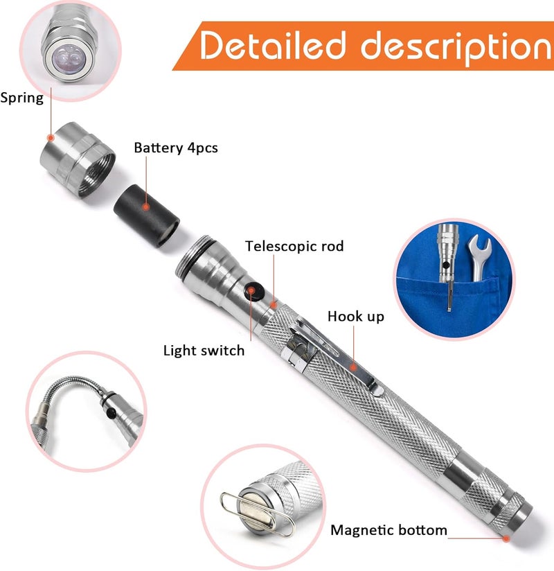 KUCHEY Magnetic Flashlight Pickup Tool Dad Gifts Cool Magnet Telescoping Gadgets with LED Gifts for Mens Husband Him Silver - Image 4