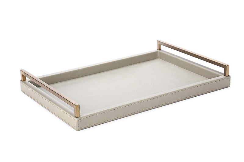 WV 177  118 Grey Faux Leather Decorative Tray Serving Tray for Coffee Table Console Table with Matt Gold Stainless Steel Handles Grey