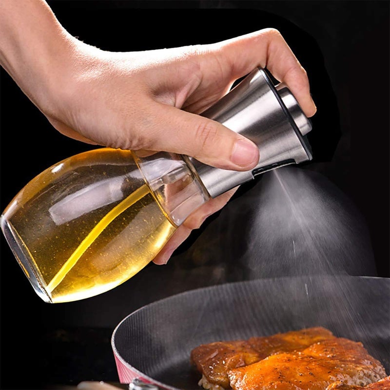 XEREBIAN Oil Sprayer for Cooking Refillable Stainless Steel Oil Dispenser with Mini Funnel Vinegar Glass Spray Bottle for BBQ Salad Baking Grilling Roasting and Frying Round Oil Spray Bottle - Image 2