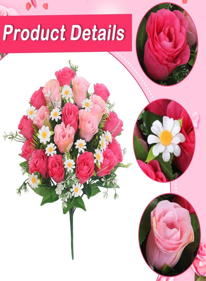 وإكست زهور اصطناعية للمقابر من ووكست، زهور ليوم الذكرى، عبوة من باقات من الورود الحريرية الاصطناعية وزهور الأقحوان مع مزهريات للمقابر لتزيين القبور الخارجية (وردي) - Image 4