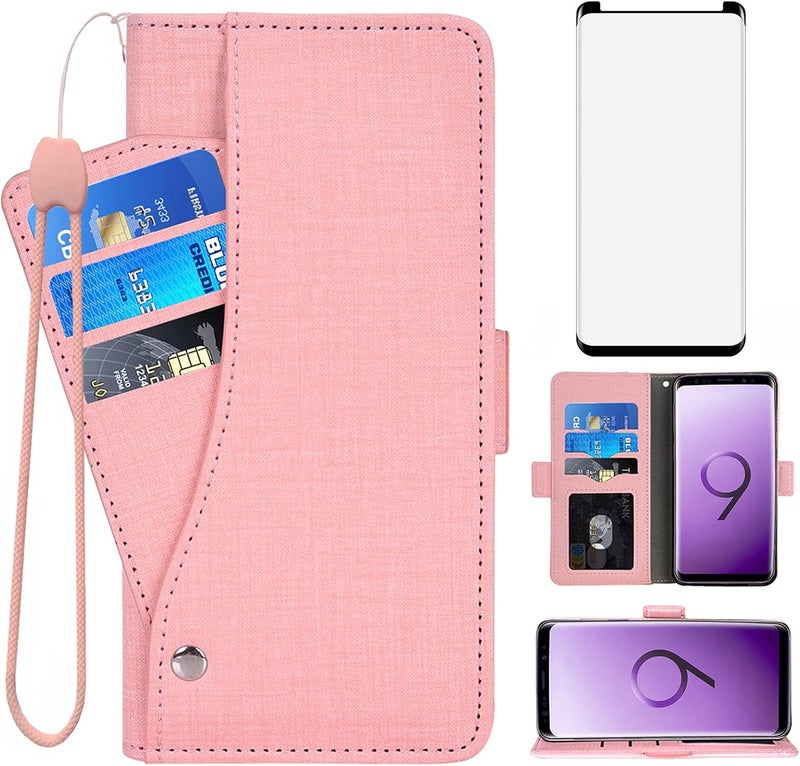Asuwish Compatible with Samsung Galaxy S9 Wallet Case Tempered Glass Screen Protector and Leather Flip Cover Card Holder Stand Cell Accessories Phone Cases for Glaxay S 9 Edge 9S GS9 Women Men Pink - Image 1