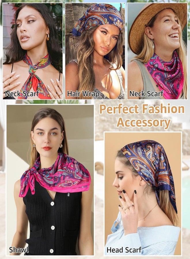 CHLINS 4 PCS 27.5 Inches Satin Head Scarf Silk Scarf for Women Lightweight Hair Bandanas Head Scarves Neck Scarf Hair Wrap (Deep Navy Blue+Rose Red+Yellow+Orange Red) - Image 3