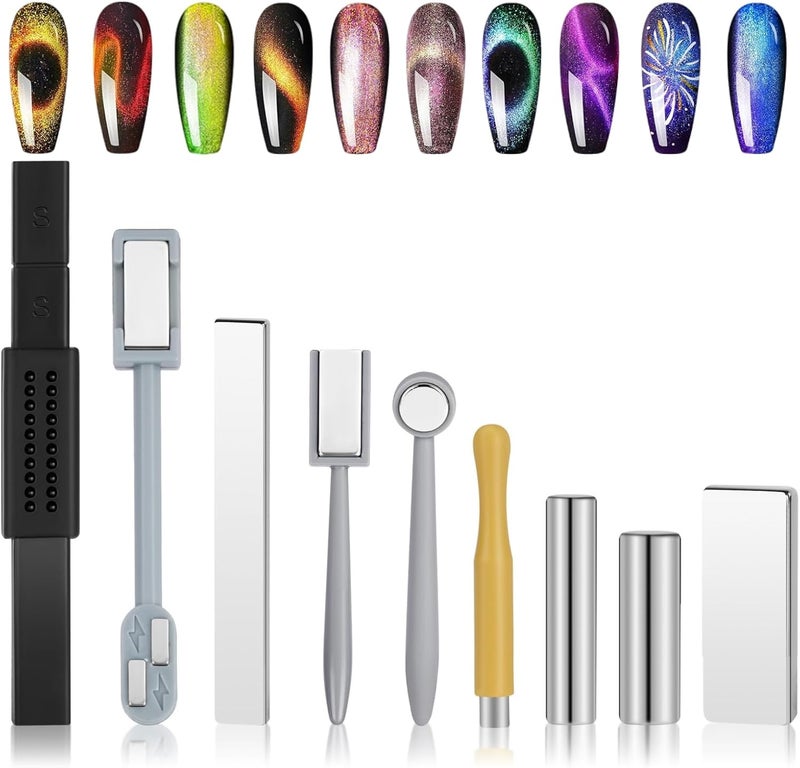 Cat Eye Magnet Set 9Pcs Nail Magnet Tool Set DoubleHead Strong Suction Nail Magnet Sticks 3D Magnetic Cat Eye Effect Cat Eye Gel Nail Polish Magnet Wand for Nail DIY Salons