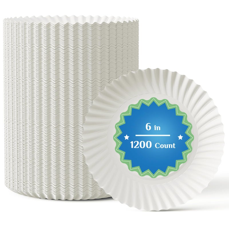 MUCHII 1200 Count 6 Inch Paper Plates, White Uncoated Disposable Dessert Plates for Snacks, Cake, Candy - Image 1