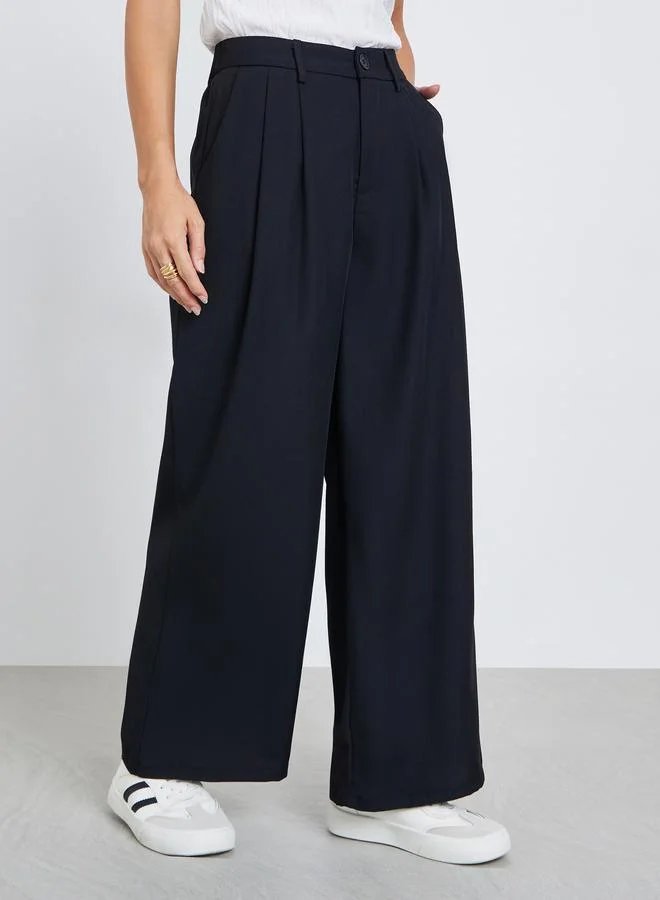 تايك تو Women's Solid Pleated Detail Wide Leg Pants