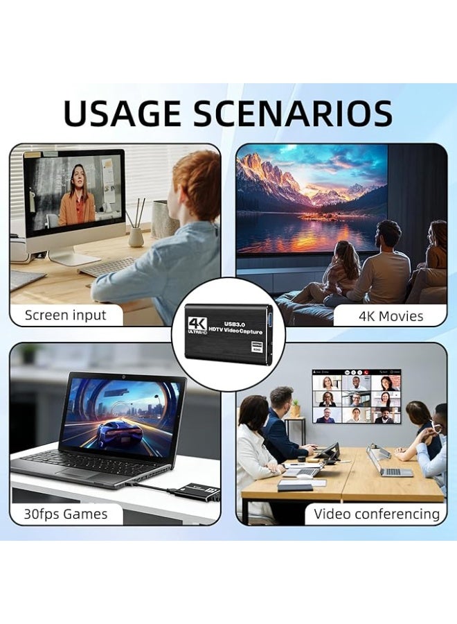 كارت التقاط فيديو وصوت HDMI 4K USB 3.0 | جهاز تسجيل 1080P 30FPS للألعاب والبث المباشر متوافق مع OBS - Image 2