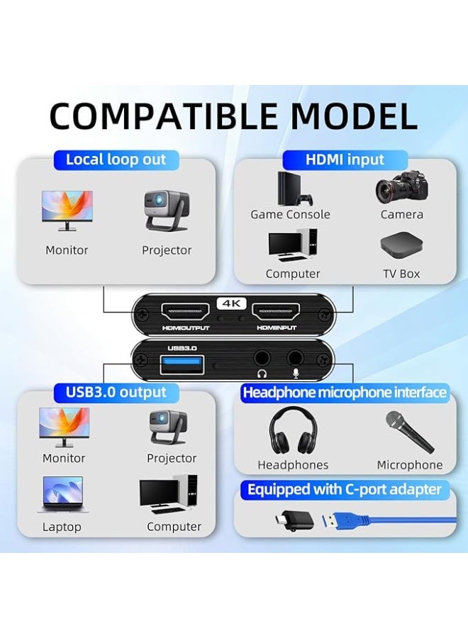 كارت التقاط فيديو وصوت HDMI 4K USB 3.0 | جهاز تسجيل 1080P 30FPS للألعاب والبث المباشر متوافق مع OBS - Image 3