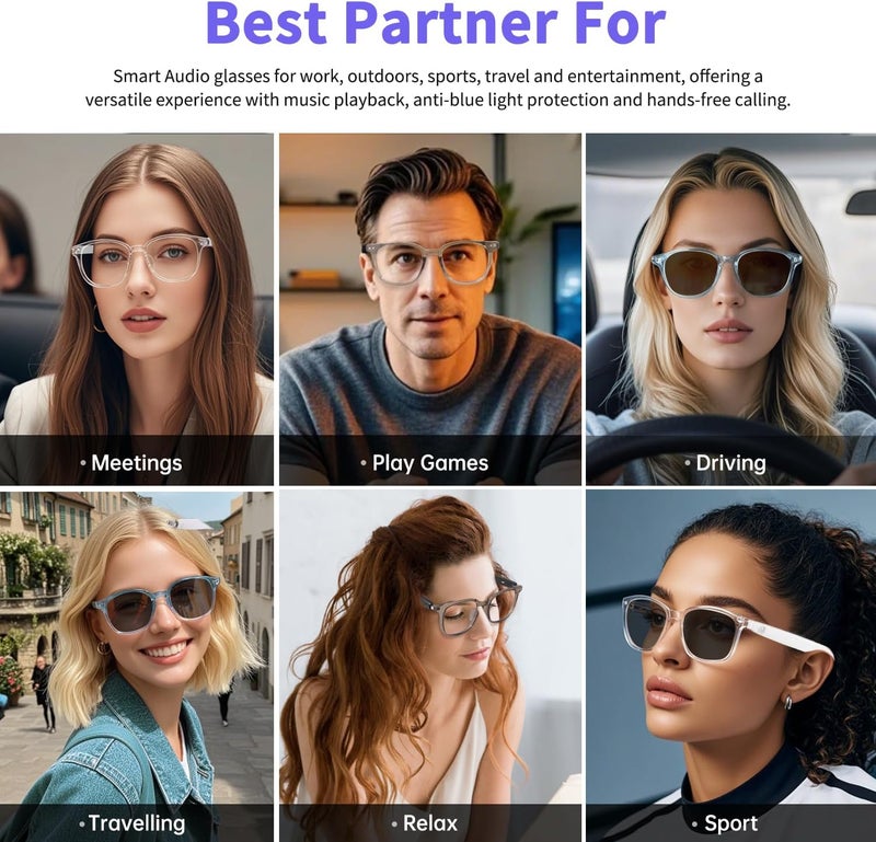 نظارات للنساء الرجال ، نظارات بلوتوث مع عدسات فوتوكروميك مساعد صوتي للتحكم باللمس للتصوير الفوتوغرافي عن بعد الصوتي الواضح ، الإطار الشفاف والساقين البيضاء ، مثالية للداخل والخارج - Image 4