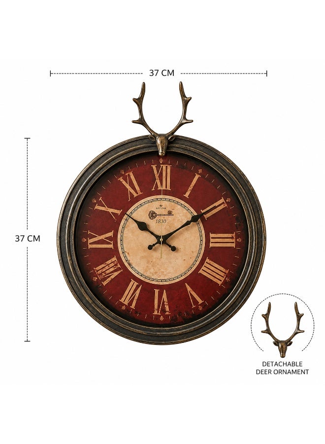 Vintage Roman Numeral Wall Clock With Detachable Deer Ornament, Antique Burgundy Color, 37 X 37 Cm, Plastic - Image 1