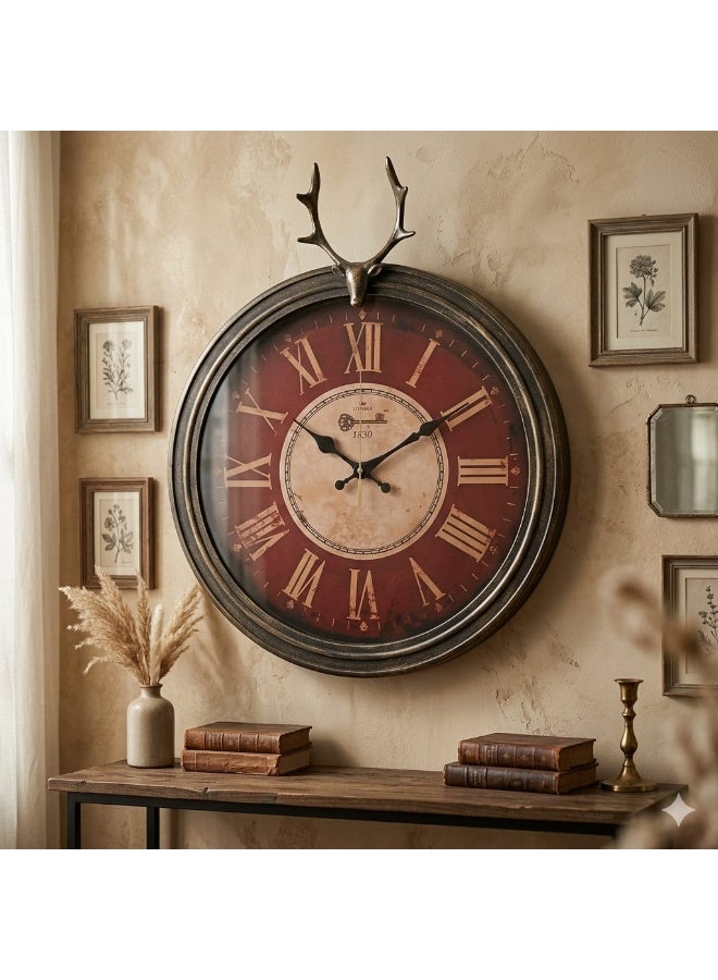 Vintage Roman Numeral Wall Clock With Detachable Deer Ornament, Antique Burgundy Color, 37 X 37 Cm, Plastic - Image 2