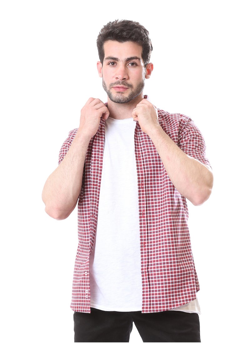 Andora - Plaids Short Sleeves Summer Shirt - Red & Navy Blue - Image 1